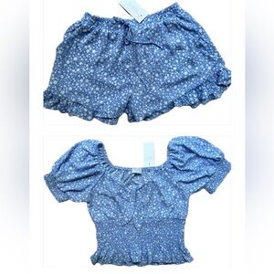 SIENNA SKY - Floral print/ loose fit shorts & Blouse/ Color White & Blue